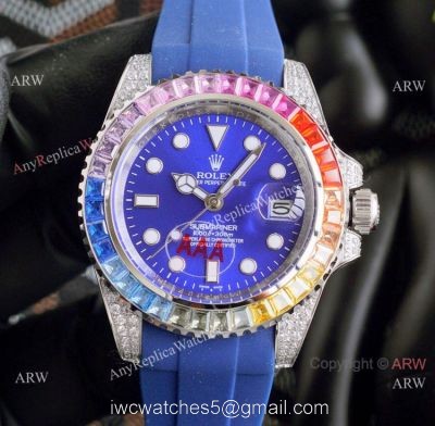 Top Replica Rolex Submariner Watch Rainbow Bezel Blue Rubber Strap watches