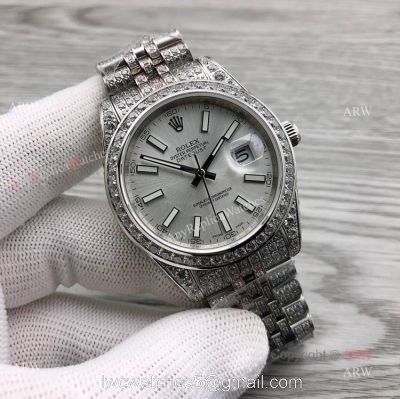 Iced Out Rolex Datejust ii 41 Silver Dial And Stick Markers Swiss 3255 Replica Watches watches