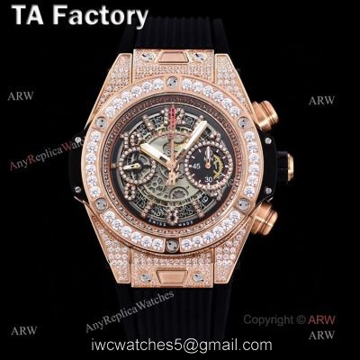 Swiss Quality Hublot Big Bang Rose Gold Black Rubber Strap Full Diamonds Watches Replica watches