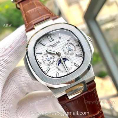 Copy Patek Philippe Nautilus White Face Annual Calendar Watch Brown Leather Strap watches