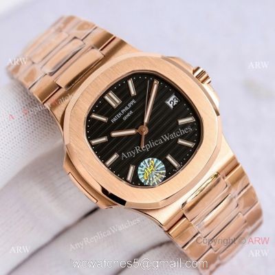 Swiss Copy Patek Philippe Rose Gold Black Dial Nautilus Watch PPF Cal.324 40mm watches
