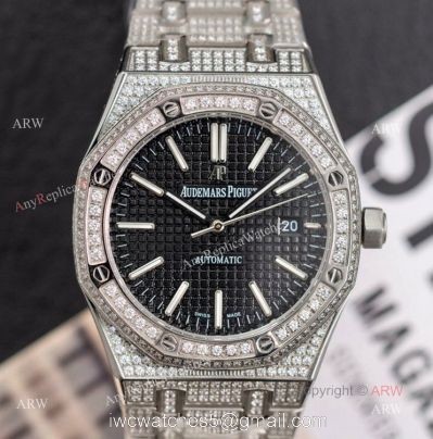 15400 Audemars Piguet Royal Oak 41mm Silver Iced Out Black Dial Copy Watch Swiss 3120 watches