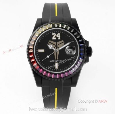 Swiss Replica Blaken Rolex Kobe Watch With Rainbow Diamond Bezel Rubber Strap Watch watches
