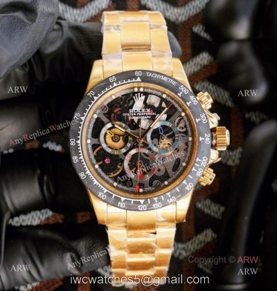 Best Replica Rolex Daytona Skeleton Montoya Yellow Gold Swiss 4130 Carbon Watch watches