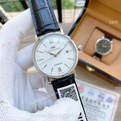 Knock off IWC Portofino Automatic Watches White Dial Black Leather Strap watches