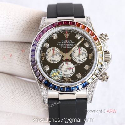 Swiss Replica Rolex Rainbow Daytona Black Face With Diamonds Oysterflex Strap Watch watches