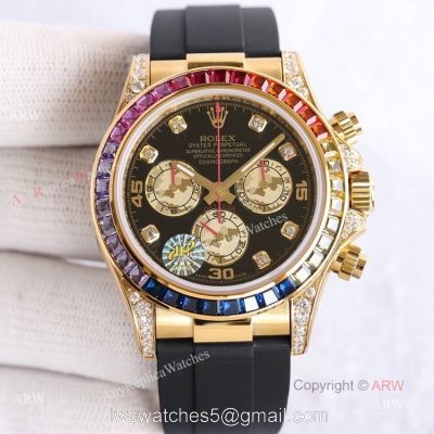 New Gold Rolex Daytona Rainbow Diamond Bezel Black Dial With Diamonds Watch Replica watches