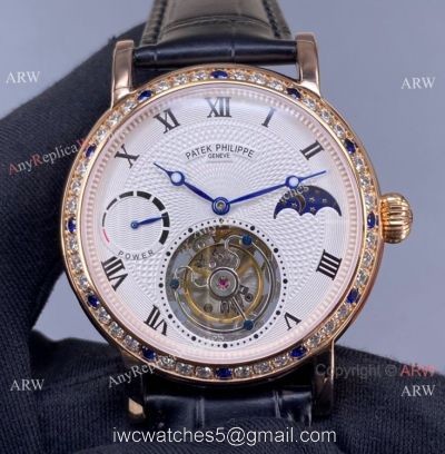 Super Clone Patek Philippe Tourbillon Moon phase Rose Gold Diamond Watch Power Reserve watches