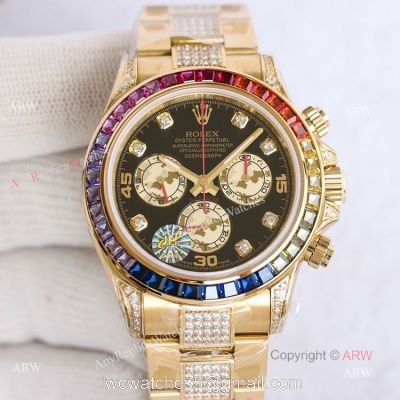 Swiss Replica Rainbow Rolex Daytona Gold With Black Diamond Dial Rolex Oyster Band With Diamonds watches