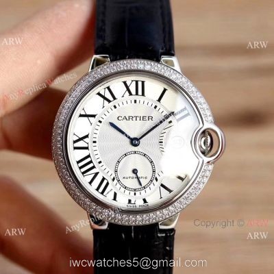 Swiss Fake Cartier Ballon Bleu 42mm XL Watch White Dial Black Leather Strap watches