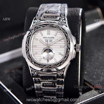Copy Patek Philippe Nautilus Annual Calendar Watches Silver Dial Engraving Case watches