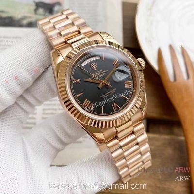Copy Rolex Day Date 40mm Watches Black Dial Rose Gold Presidential Strap watches