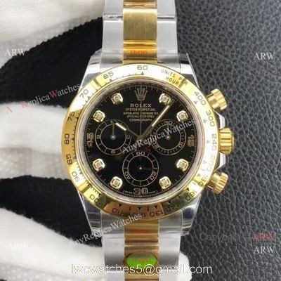 Custom Edition AAA Replica Rolex Daytona 1:1 Noob Factory 4130 Two Tone Black Diamond watches