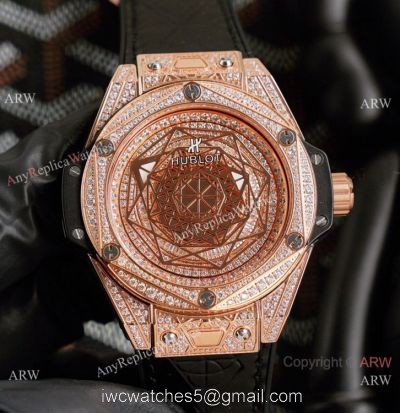 New Replica Hublot Iced Out Rose Gold Sang Bleu Watches 45mm watches