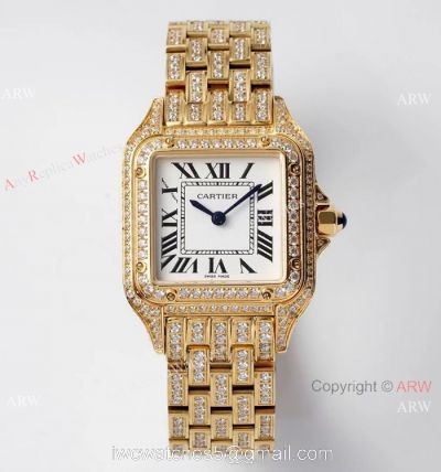 AC Factory Swiss Copy Panthere De Cartier Watch 27mm Yellow Gold Diamond watches