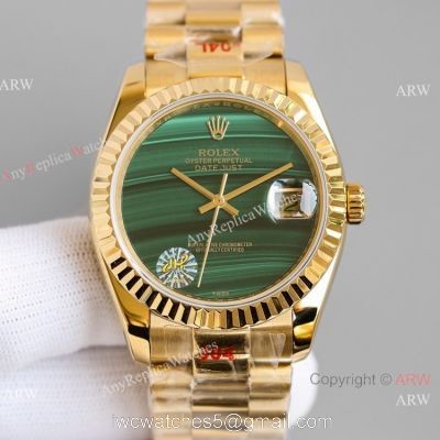 New! Swiss Grade Copy Rolex Datejust Malachite Dial Yellow Gold Watch 36mm watches