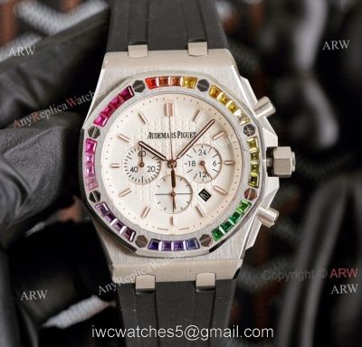 Copy Audemars Piguet Royal Oak Rose Gold 42mm Rainbow Bezel Watch White Dial watches