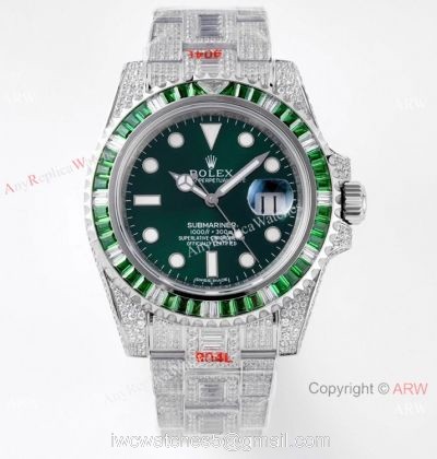 Swiss Grade Clone Rolex Iced Out Submariner Watch Swiss 3135 Green Dial watches