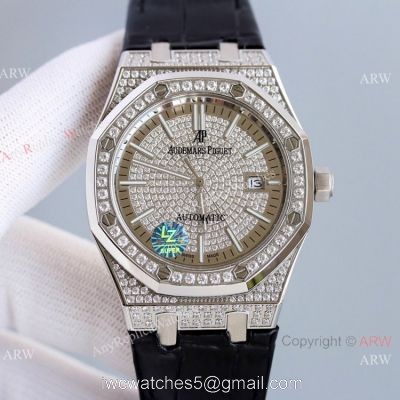 Diamond Audemars Piguet Royal Oak 15400 Watch With Black Leather Strap Best Replica watches