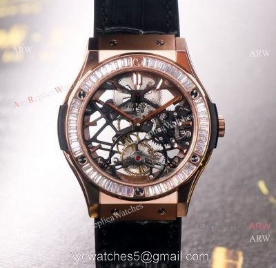 42mm Hublot Rose Gold Classic Fusion Skeleton Tourbillon Diamond Watch Replica watches