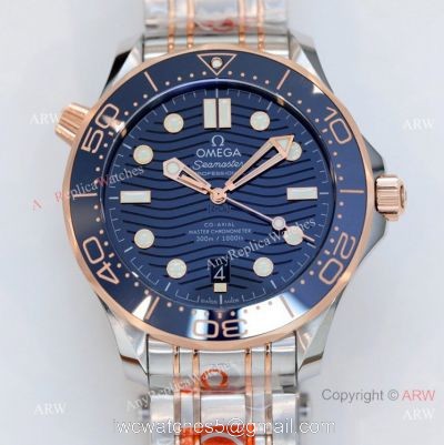 2021 Latest Swiss Replica Omega Seamaster Diver 300M OR 8800 Watch Two Tone Rose Gold Blue Dial watches