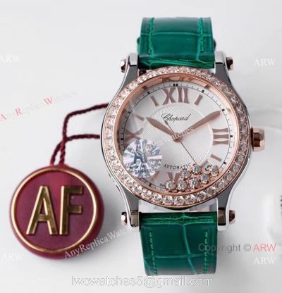 AF Factory Chopard Happy Sport 36mm Watch Rose Gold Bezel Green Leather Strap watches
