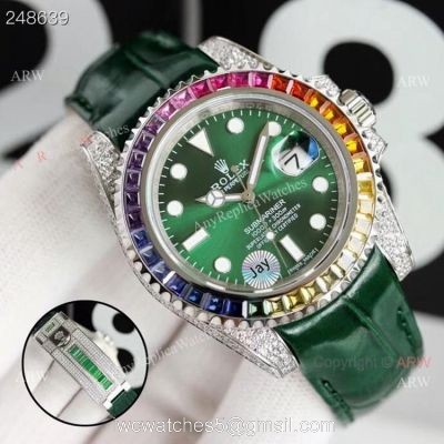 New Rolex Rainbow Submariner Green Dial Green Leather Strap High Copy Swiss Made watches