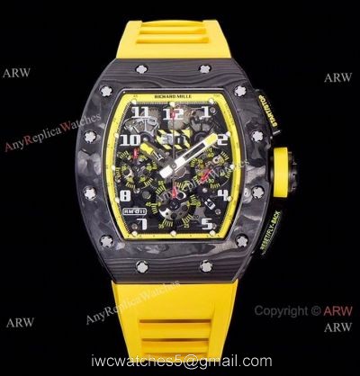 KV Factory Richard Mille RM-011 Yellow Storm Flyback Chronograph Watch Carbon NTPT Yellow Rubber Strap watches
