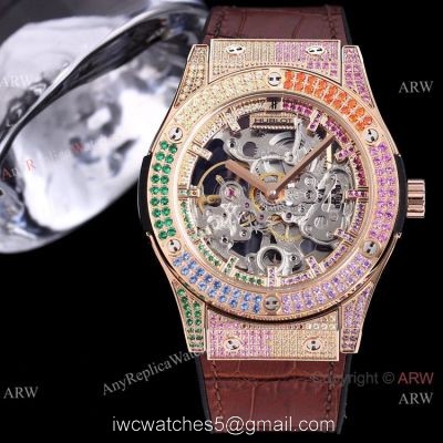 Replica Skeleton Hublot Rainbow Watch Rose Gold 45mm With Brown Leather Strap watches