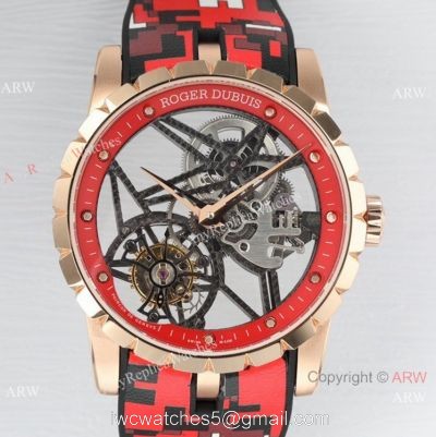 2021 New! BBR Factory 1:1 Copy Roger Dubuis Excalibur Skeleton Flying Tourbillon Watch Rose Gold Skeleton Dial watches