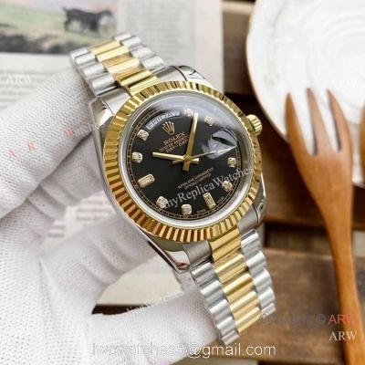 Replica Rolex Day-Date 40mm Watches Two Tone Black Diamond Face watches