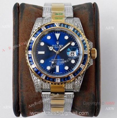 (ROF) AAA Replica Rolex Submariner Custom Luxury Watch Two Tone Royal blue Dial with Diamonds watches