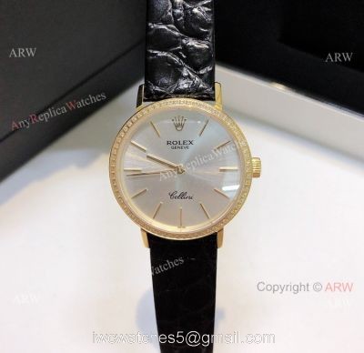 Diamond Rolex Cellini Ladies Leather Strap Yellow Gold Watch Replica watches