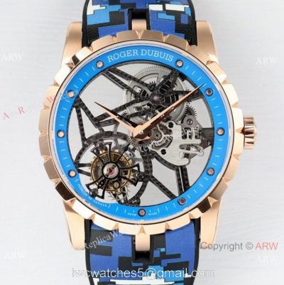 2021 New! BBR Factory Roger Dubuis Excalibur Skeleton Flying Tourbillon Watch Rose Gold Blue Rubber Strap watches
