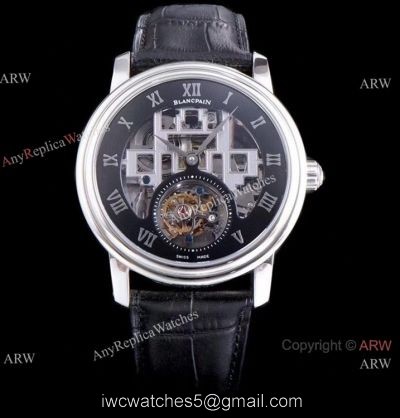 Super Clone Blancpain Fantasy Swiss Tourbillon Watch 43mm Black Leather Strap watches