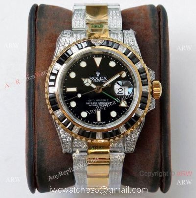 (ROF) Super Clone Rolex GMT-master II Diamonds Watch Two Tone Black Dial Custom Made watches
