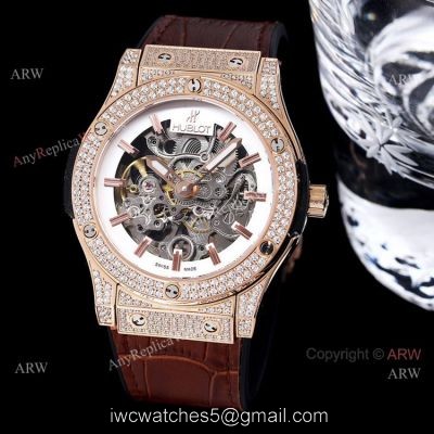 45mm Hublot Big Bang Rose Gold Skeleton Watch With Diamonds For Mens Replica watches