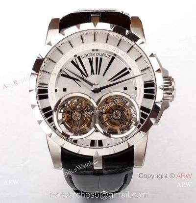 Super Clone Roger Dubuis Excalibur Skeleton Double Flying Tourbillon Watch Silver Dial watches