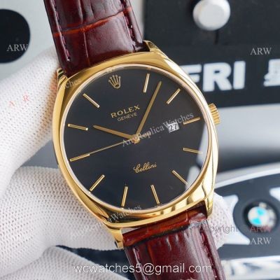 Yellow Gold Rolex Cellini Black Dial Brown Leather Strap Replica Watch watches