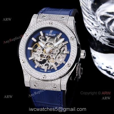 Replica Hublot Big Bang 45mm Skeleton Watch With Diamonds Blue Rubber Band For Men watches