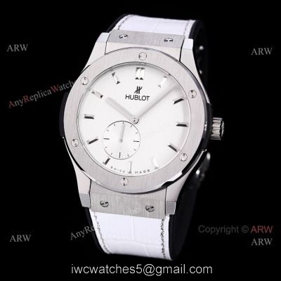 Stainless Steel Hublot Classic Fusion 42mm White Dial White Leather Strap Watch Replica watches