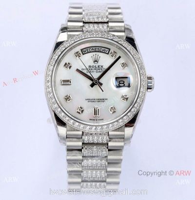 (EWF) Super Clone Swiss 3255 Rolex Day-Date 36mm Wrist White MOP Face Diamond Band watches