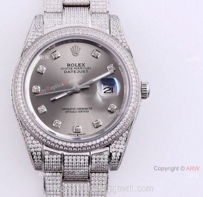 Iced Out Rolex Silver Dial Datejust 41 Replica Watches With Diamonds For Men watches