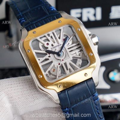 (TW )Best Replica Mens Santos De Cartier Skeleton Two Tone Watch With Blue Leather Strap watches