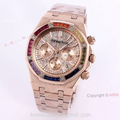 New Frosted Audemars Piguet Rose Gold Royal Oak 41mm Rainbow Diamond Watch Replica watches