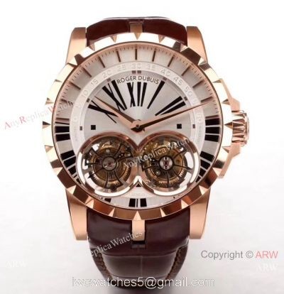 Super Clone Roger Dubuis RDDBEX0249 Double Tourbillon Men Watch Silver Dial Rose Gold watches