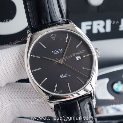 Stainless Steel Rolex Cellini Black Dial Black Leather Strap Replica Watch watches