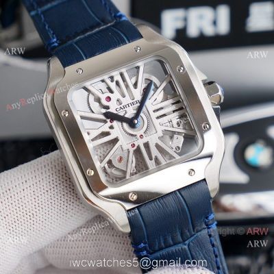 (TW ) Best Skeleton Santos De Cartier Stainless Steel Copy Watch With Blue Leather Band watches