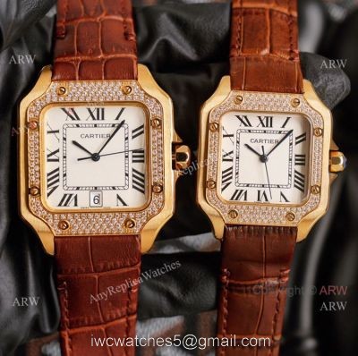 Replica Cartier Santos Yellow Gold White Dial Watch With Diamonds For Men And Women watches