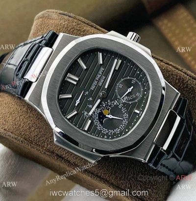 (PF Factory) Swiss Replica Patek Philippe Nautilus Moonphase Watch Black Dial Black Leather Strap watches